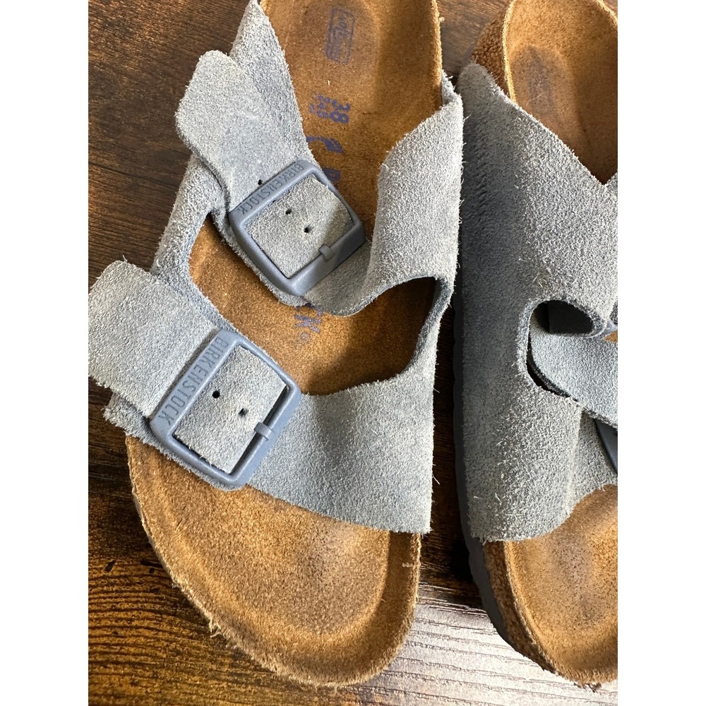 Birkenstock Arizona Soft Footbed Suede Sandals Buckle Blue Slides Size 38 L7 M9 - Picture 4 of 14